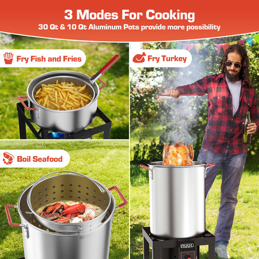 NUUK 30QT Turkey Fryer & 10QT Fish Fryer Kit, Outdoor Propane Burner 50,000 BTU, Seafood Boil Pot with Basket, Lid & Skimmer, Aluminum Deep Fryer for Crab, Crawfish & Thanksgiving Cooking
