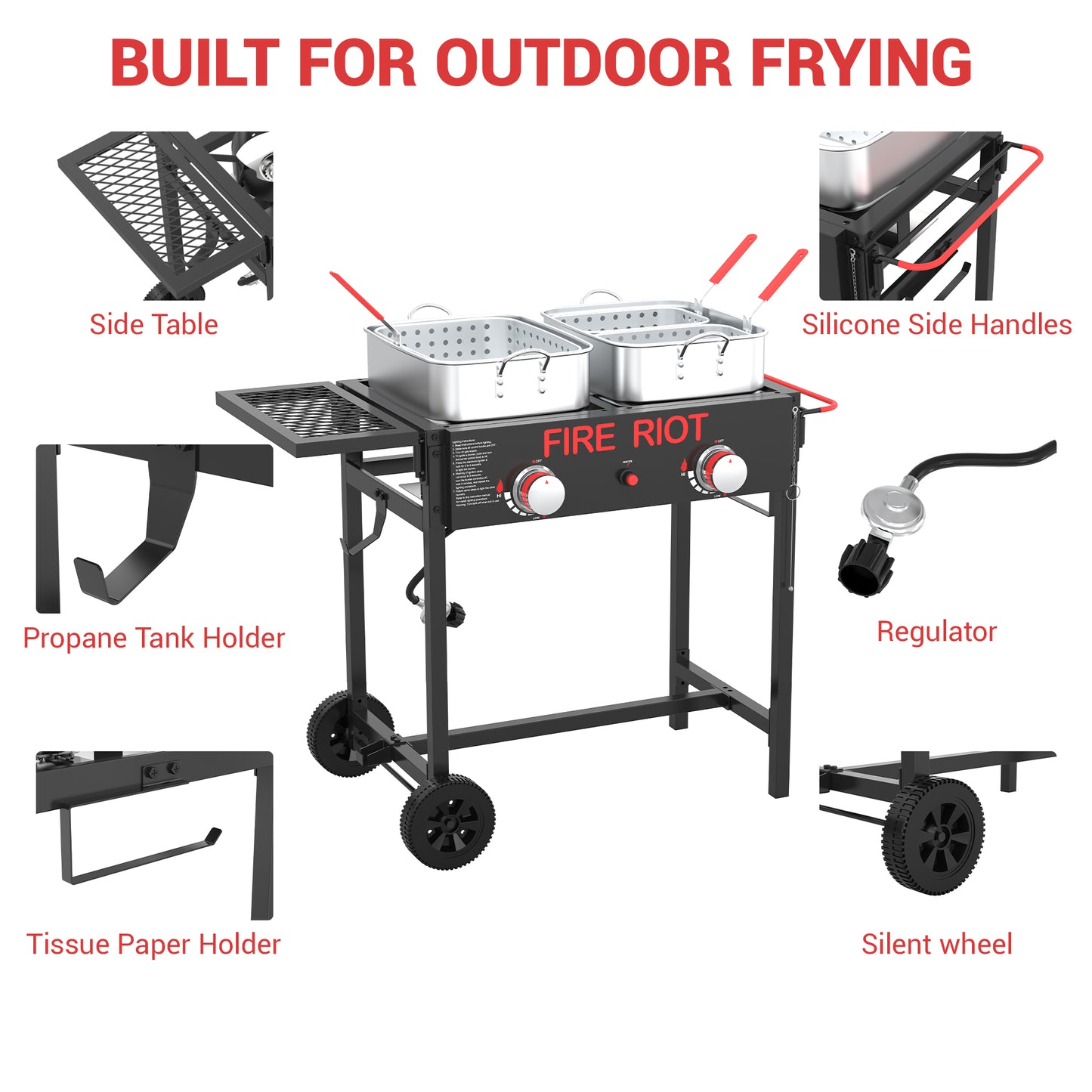 Double Burner Outdoor Propane Deep Fryer, 2×18QT Aluminum Pots with Baskets, 100,000 BTU Commercial Fish Fryer for Seafood, Chicken Wings, French Fries, Cajun Cooking