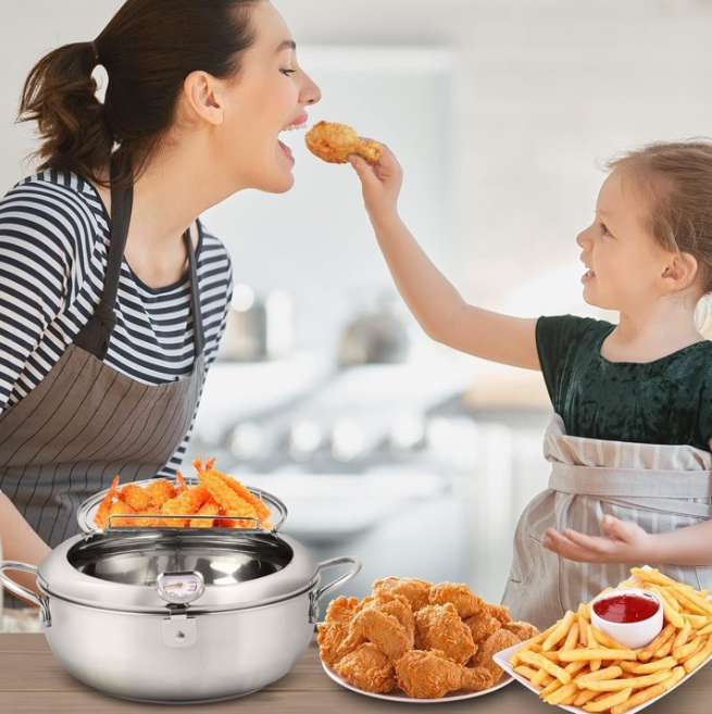 Deep Fryer Pot,9.4 Inch/3.2 L Japanese Tempura Fryer, 304 Stainless Steel with Thermometer & Lid