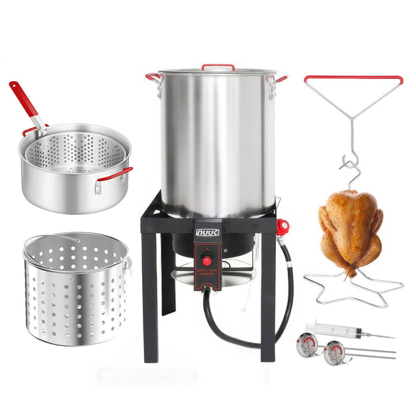 NUUK 30QT Turkey Fryer & 10QT Fish Fryer Kit, Outdoor Propane Burner 50,000 BTU, Seafood Boil Pot with Basket, Lid & Skimmer, Aluminum Deep Fryer for Crab, Crawfish & Thanksgiving Cooking