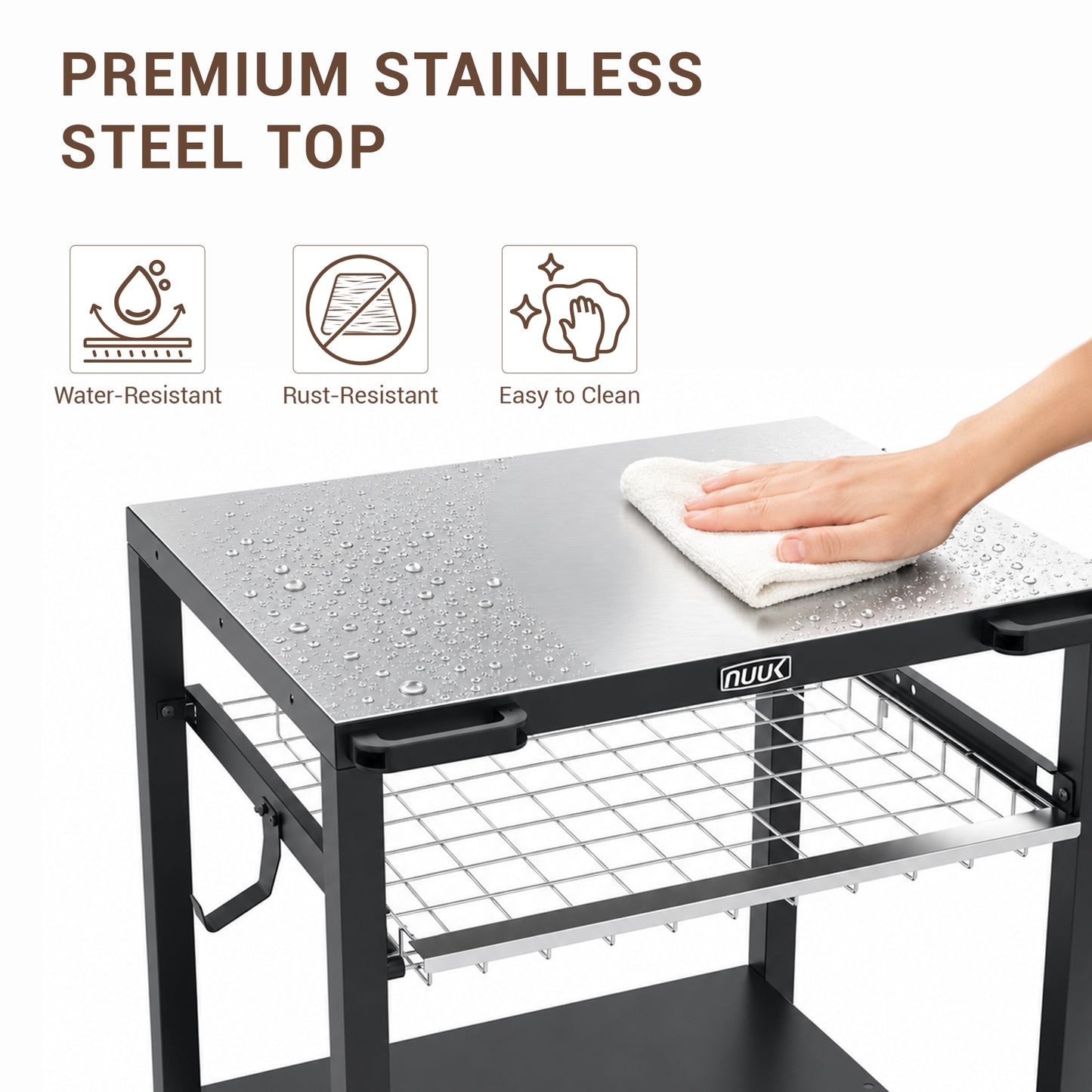 NUUK Heavy Duty Grill Cart 30"x24", Outdoor Pizza Oven Table with Stainless Steel Top, 3-Tier BBQ Prep Table with Sliding Drawer, Outdoor Kitchen Serving Cart for Grilling, Patio