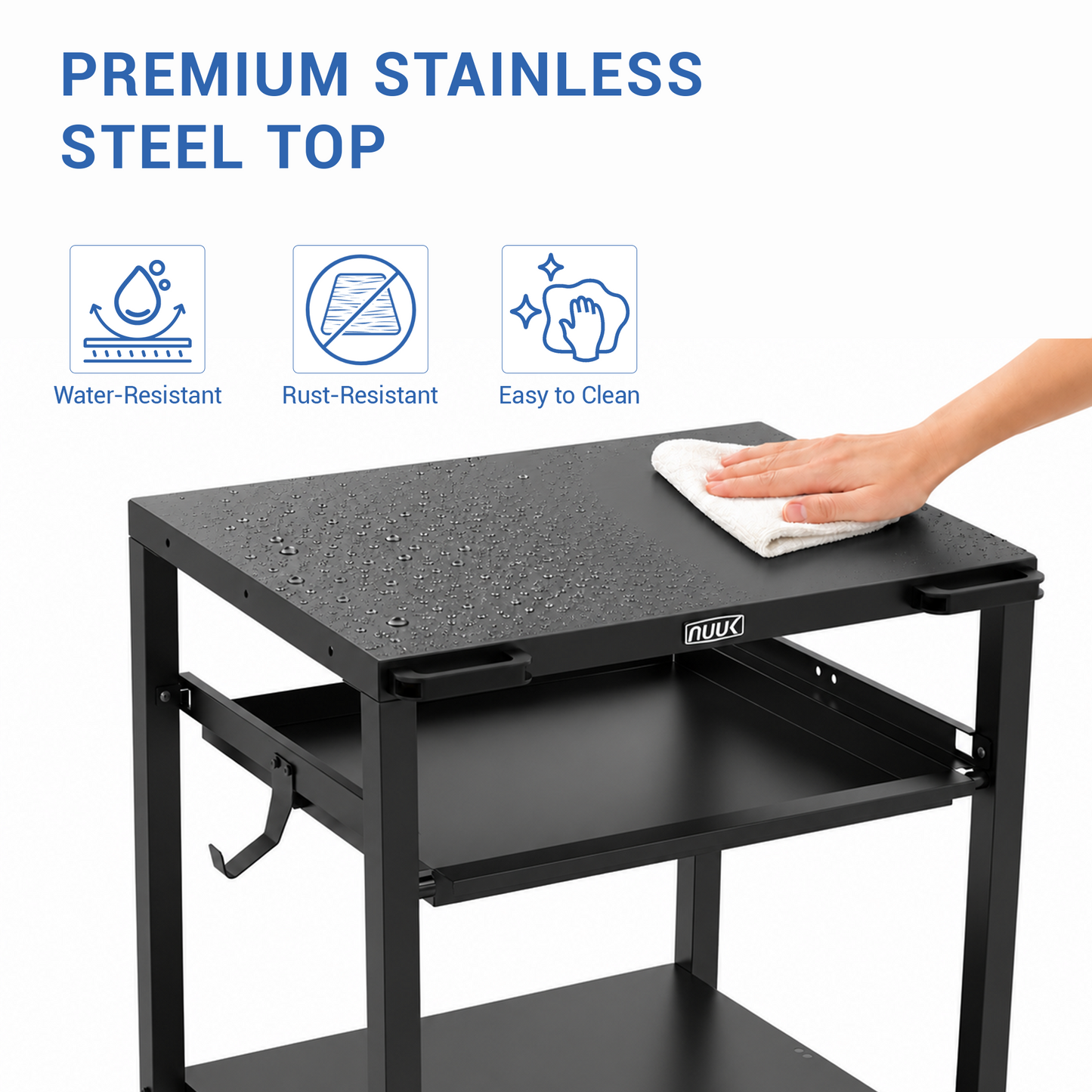 NUUK Outdoor Grill Cart 24x30 Inch, Stainless Steel Pizza Oven Table with Wheels, 3-Tier Rolling Prep Table, BBQ Cooking Station for Patio, Backyard