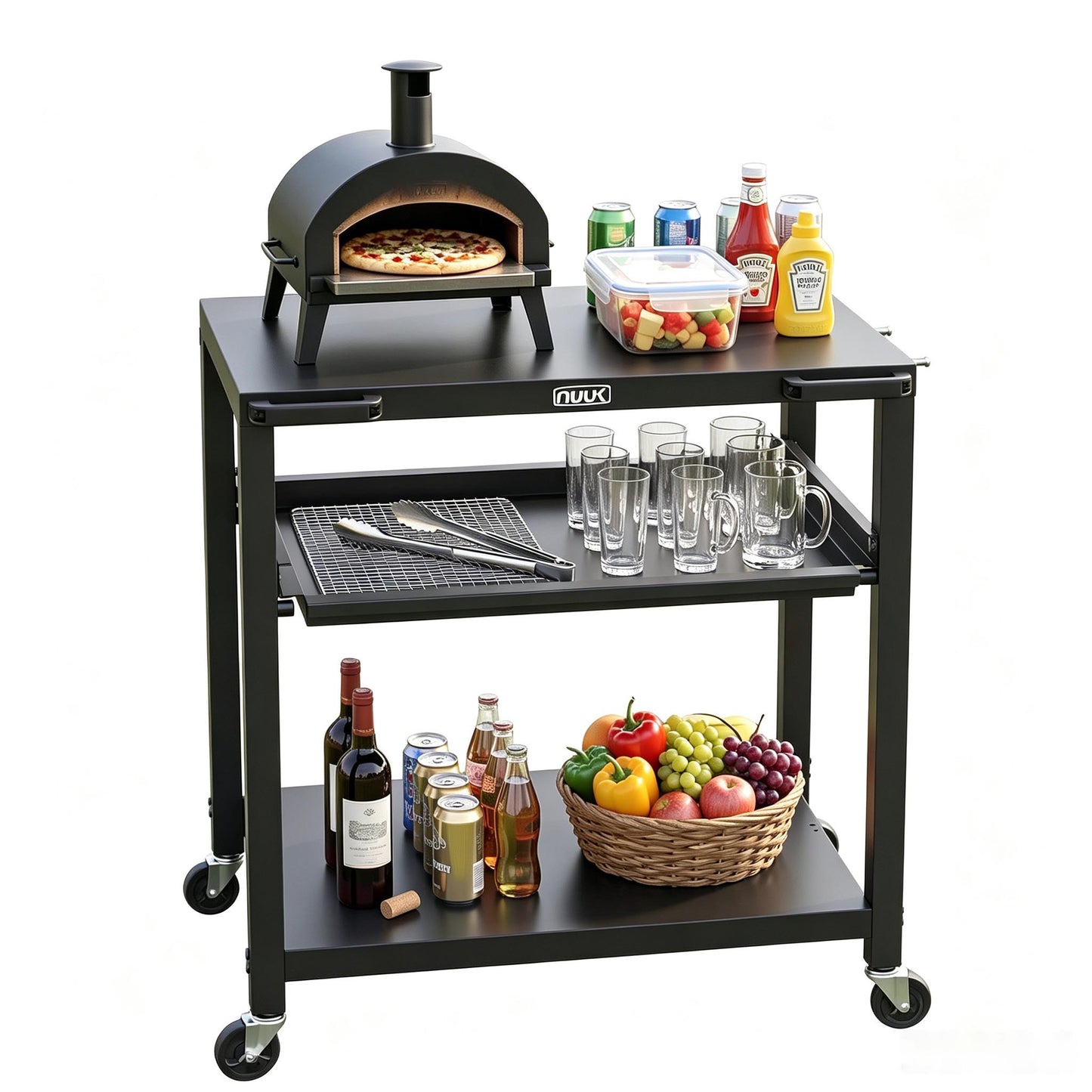 NUUK Outdoor Grill Cart 24x30 Inch, Stainless Steel Pizza Oven Table with Wheels, 3-Tier Rolling Prep Table, BBQ Cooking Station for Patio, Backyard