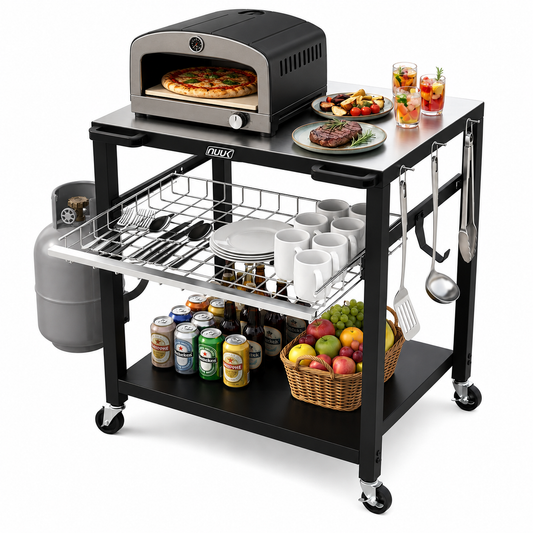 NUUK Heavy Duty Grill Cart 30"x24", Outdoor Pizza Oven Table with Stainless Steel Top, 3-Tier BBQ Prep Table with Sliding Drawer, Outdoor Kitchen Serving Cart for Grilling, Patio
