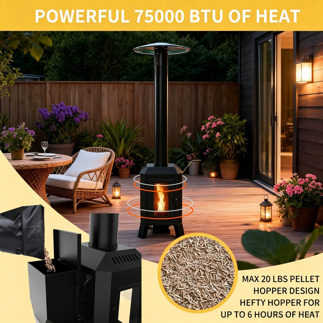 NUUK 70,000 BTU Wood Pellet Patio Heater with Wheels, Portable Freestanding Outdoor Heater
