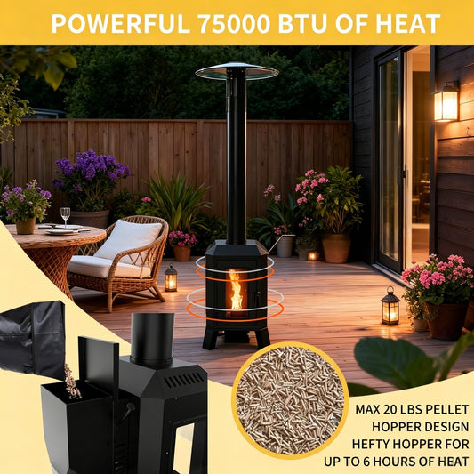 NUUK 70,000 BTU Wood Pellet Patio Heater with Wheels, Portable Freestanding Outdoor Heater