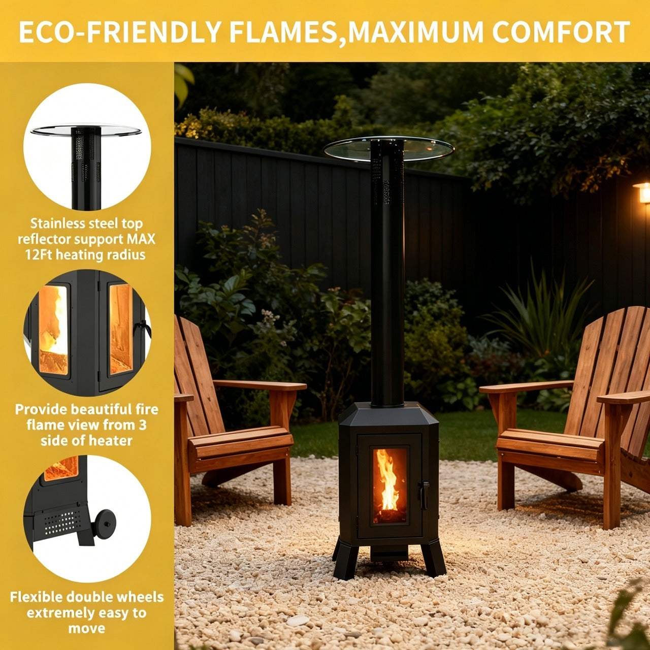 NUUK 70,000 BTU Wood Pellet Patio Heater with Wheels, Portable Freestanding Outdoor Heater