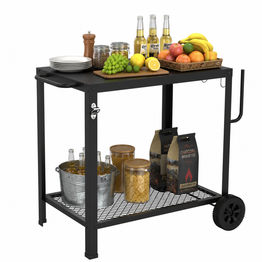 NUUK Double-Shelf Rolling Dining Table with Wheels, 20" x 30" Outdoor Grill Cart with Handle and Hook, Stainless Steel Food Prep Table Stand for Patio BBQ and Deck Parties