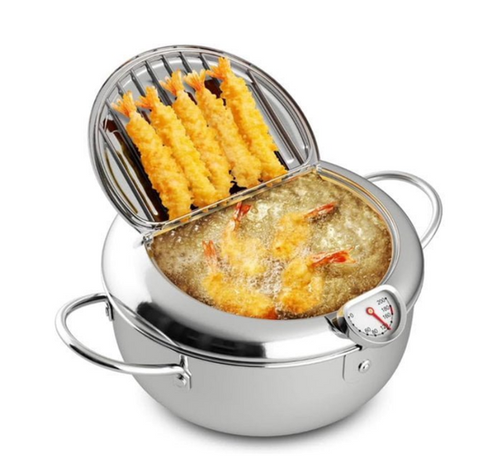 Deep Fryer Pot,9.4 Inch/3.2 L Japanese Tempura Fryer, 304 Stainless Steel with Thermometer & Lid