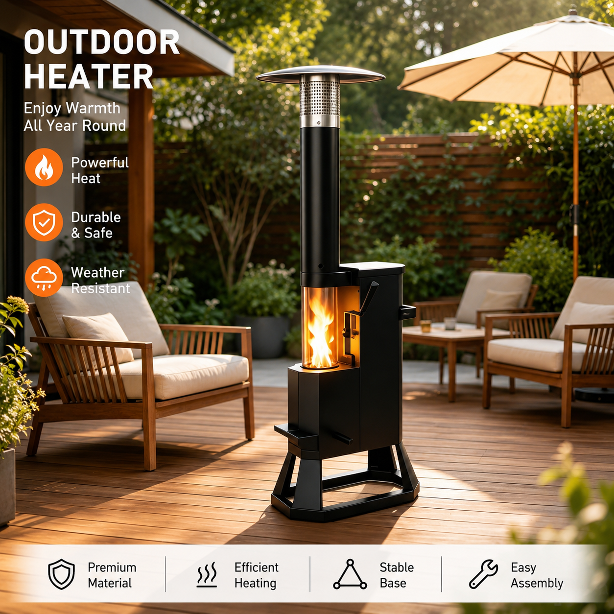 NUUK Wood Pellet Patio Heater, 75,000 BTU Outdoor Gravity-Fed Pellet Stove with Viewing Window & Wheels for Patio, Backyard, Garden
