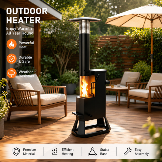 NUUK Wood Pellet Patio Heater, 75,000 BTU Outdoor Gravity-Fed Pellet Stove with Viewing Window & Wheels for Patio, Backyard, Garden