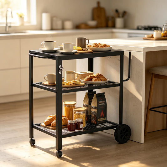 NUUK Double-Shelf Rolling Dining Table with Wheels, 20" x 30" Outdoor Grill Cart with Handle and Hook, Stainless Steel Food Prep Table Stand for Patio BBQ and Deck Parties