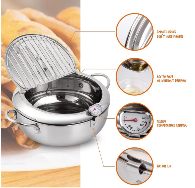 Deep Fryer Pot,11 Inch/4.2 L Fryer, 304 Stainless Steel with Thermometer & Lid, Oil Drip Rack