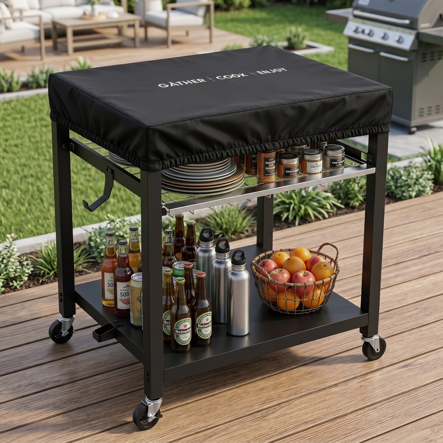 NUUK Heavy Duty Grill Cart 30"x24", Outdoor Pizza Oven Table with Top, 3-Tier BBQ Prep Table with Sliding Drawer, Outdoor Kitchen Serving Cart for Grilling, Patio, with Dust Cove