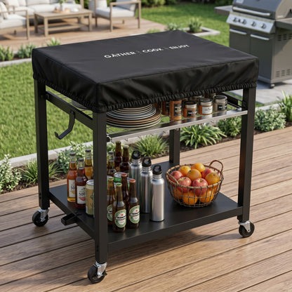 NUUK Heavy Duty Grill Cart 30"x24", Outdoor Pizza Oven Table with Top, 3-Tier BBQ Prep Table with Sliding Drawer, Outdoor Kitchen Serving Cart for Grilling, Patio, with Dust Cove