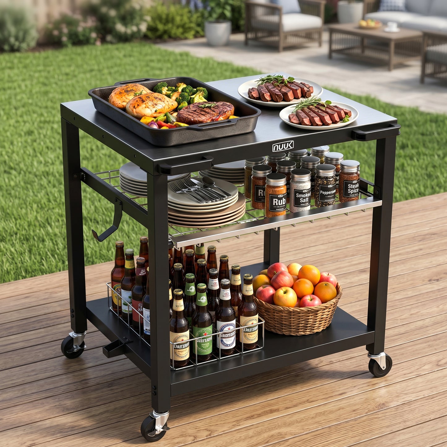 NUUK Heavy Duty Grill Cart 30"x24", Outdoor Pizza Oven Table with Stainless Steel Top, 3-Tier BBQ Prep Table with Sliding Drawer, Outdoor Kitchen Serving Cart for Grilling, Patio