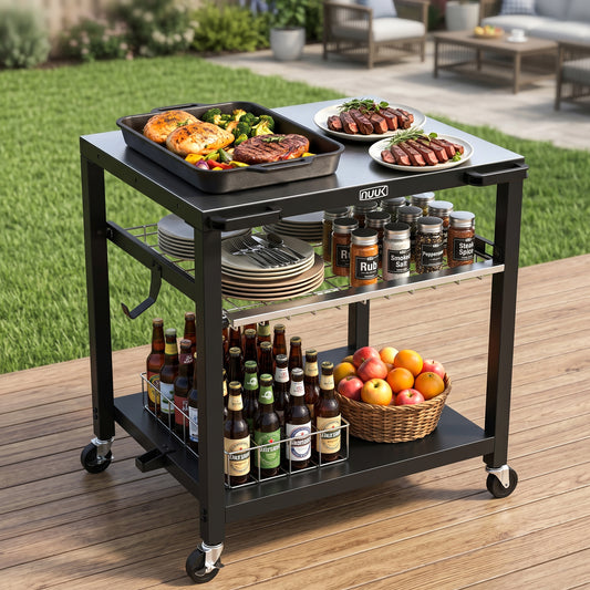NUUK Heavy Duty Grill Cart 30"x24", Outdoor Pizza Oven Table with Stainless Steel Top, 3-Tier BBQ Prep Table with Sliding Drawer, Outdoor Kitchen Serving Cart for Grilling, Patio