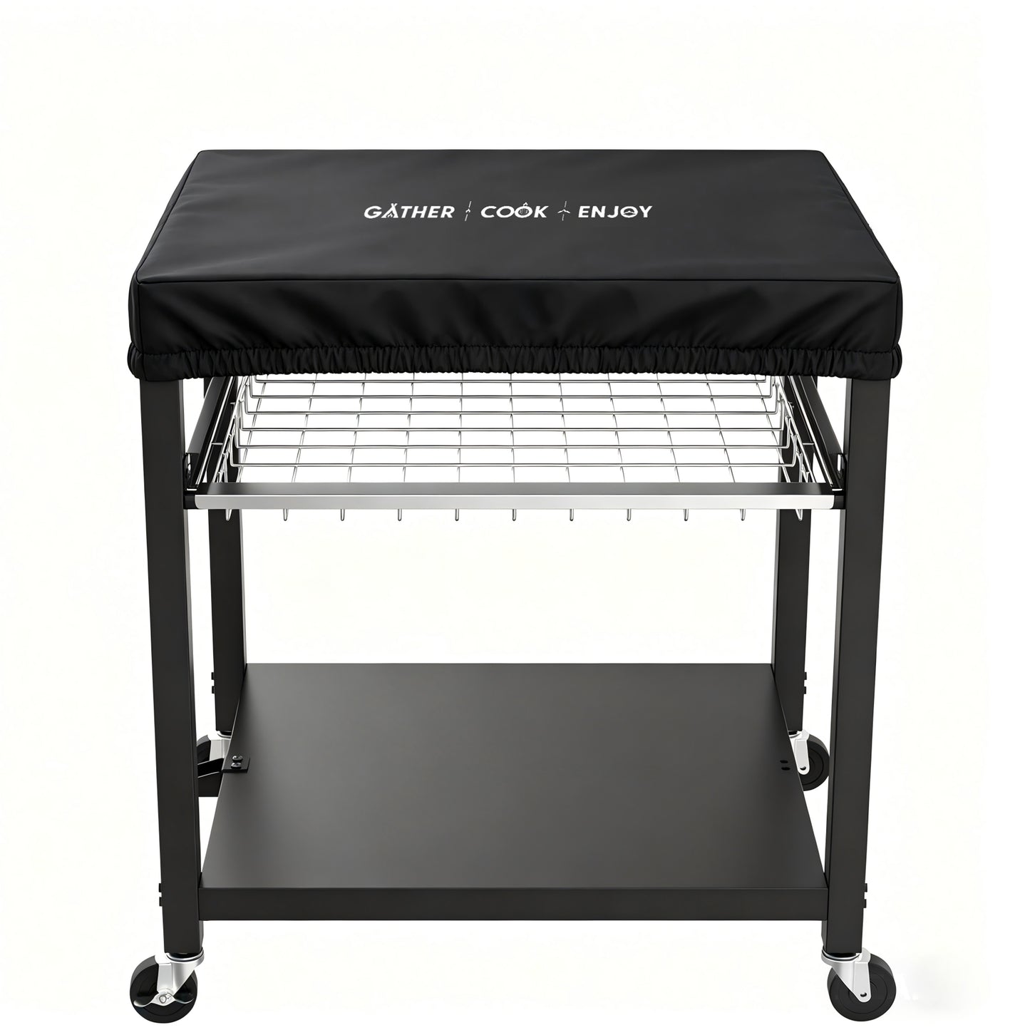 NUUK Heavy Duty Grill Cart 30"x24", Outdoor Pizza Oven Table with Top, 3-Tier BBQ Prep Table with Sliding Drawer, Outdoor Kitchen Serving Cart for Grilling, Patio, with Dust Cove
