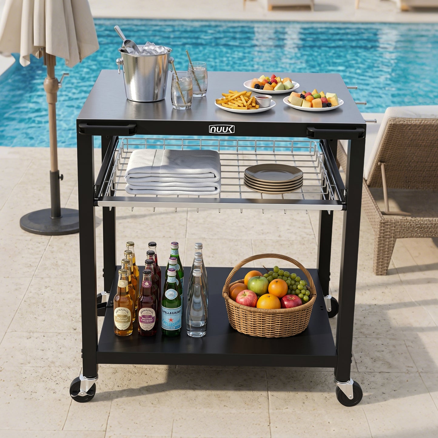 NUUK Heavy Duty Grill Cart 30"x24", Outdoor Pizza Oven Table with Stainless Steel Top, 3-Tier BBQ Prep Table with Sliding Drawer, Outdoor Kitchen Serving Cart for Grilling, Patio