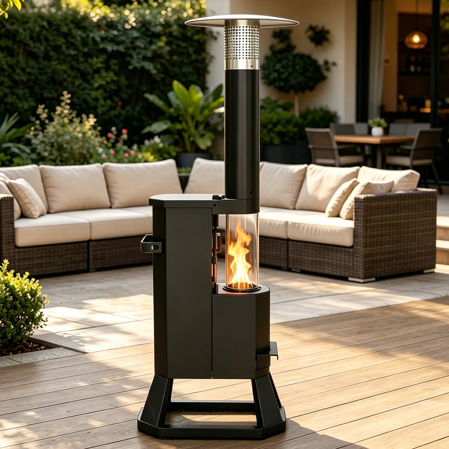 NUUK Wood Pellet Patio Heater, 75,000 BTU Outdoor Gravity-Fed Pellet Stove with Viewing Window & Wheels for Patio, Backyard, Garden