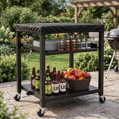 NUUK Outdoor Grill Cart, Stainless Steel Pizza Oven Table with Wheels, 3-Tier Rolling Prep Table, BBQ Cooking Station for Patio, with Cover