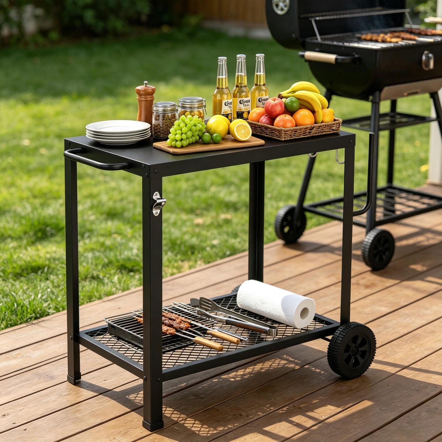 NUUK Double-Shelf Rolling Dining Table with Wheels, 20" x 30" Outdoor Grill Cart with Handle and Hook, Stainless Steel Food Prep Table Stand for Patio BBQ and Deck Parties