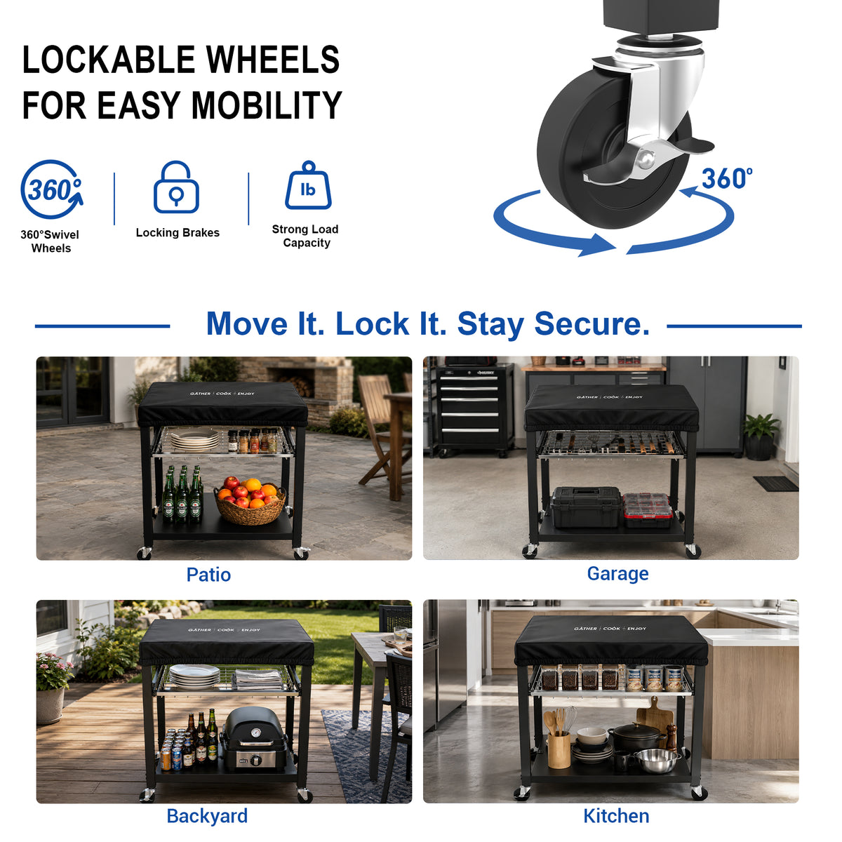 NUUK Heavy Duty Grill Cart 30"x24", Outdoor Pizza Oven Table with Top, 3-Tier BBQ Prep Table with Sliding Drawer, Outdoor Kitchen Serving Cart for Grilling, Patio, with Dust Cove