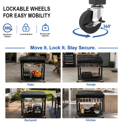 NUUK Heavy Duty Grill Cart 30"x24", Outdoor Pizza Oven Table with Top, 3-Tier BBQ Prep Table with Sliding Drawer, Outdoor Kitchen Serving Cart for Grilling, Patio, with Dust Cove