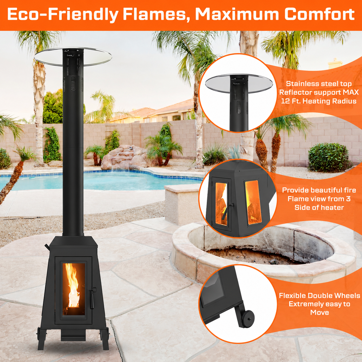NUUK 75,000 BTU Wood Pellet Patio Heater, Portable Outdoor Heater with Wheels, Stainless Steel Burner for Patio, Backyard, Garden, Restaurant