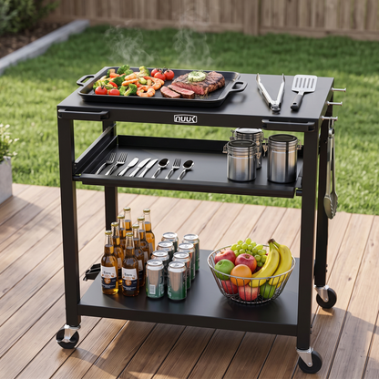 NUUK Outdoor Grill Cart 24x30 Inch, Stainless Steel Pizza Oven Table with Wheels, 3-Tier Rolling Prep Table, BBQ Cooking Station for Patio, Backyard