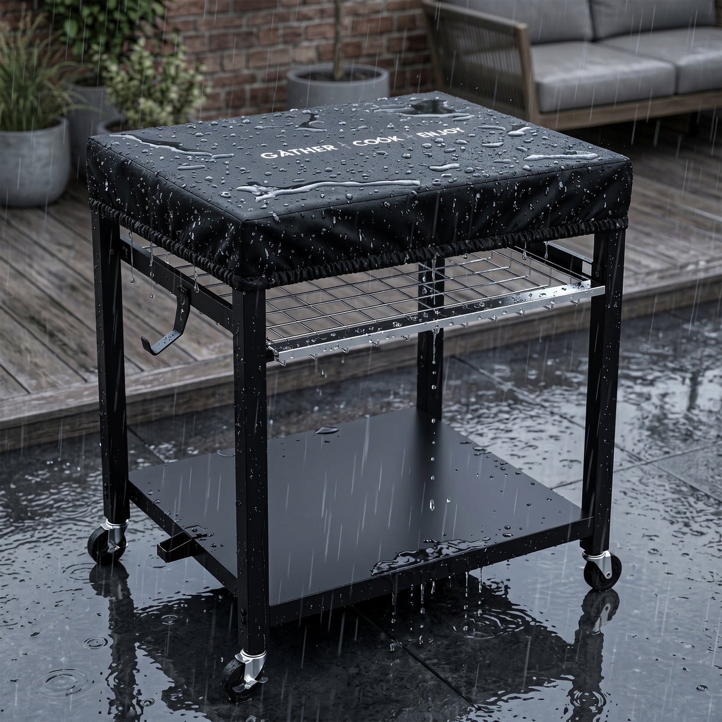 NUUK Heavy Duty Grill Cart 30"x24", Outdoor Pizza Oven Table with Top, 3-Tier BBQ Prep Table with Sliding Drawer, Outdoor Kitchen Serving Cart for Grilling, Patio, with Dust Cove