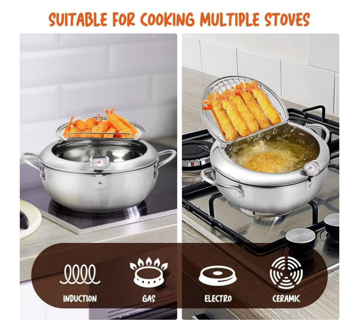 Deep Fryer Pot,11 Inch/4.2 L Fryer, 304 Stainless Steel with Thermometer & Lid, Oil Drip Rack