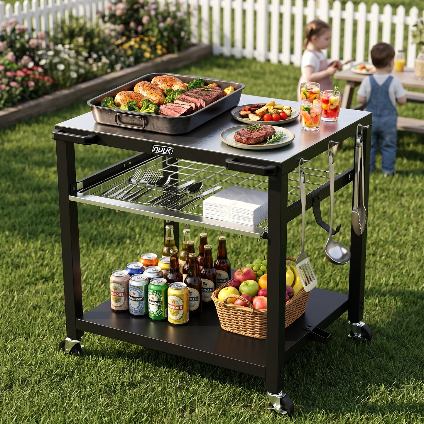 NUUK Heavy Duty Grill Cart 30"x24", Outdoor Pizza Oven Table with Stainless Steel Top, 3-Tier BBQ Prep Table with Sliding Drawer, Outdoor Kitchen Serving Cart for Grilling, Patio