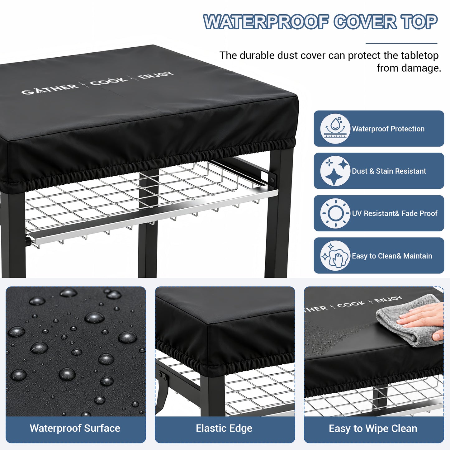 NUUK Heavy Duty Grill Cart 30"x24", Outdoor Pizza Oven Table with Top, 3-Tier BBQ Prep Table with Sliding Drawer, Outdoor Kitchen Serving Cart for Grilling, Patio, with Dust Cove