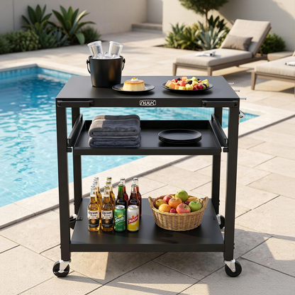 NUUK Outdoor Grill Cart 24x30 Inch, Stainless Steel Pizza Oven Table with Wheels, 3-Tier Rolling Prep Table, BBQ Cooking Station for Patio, Backyard