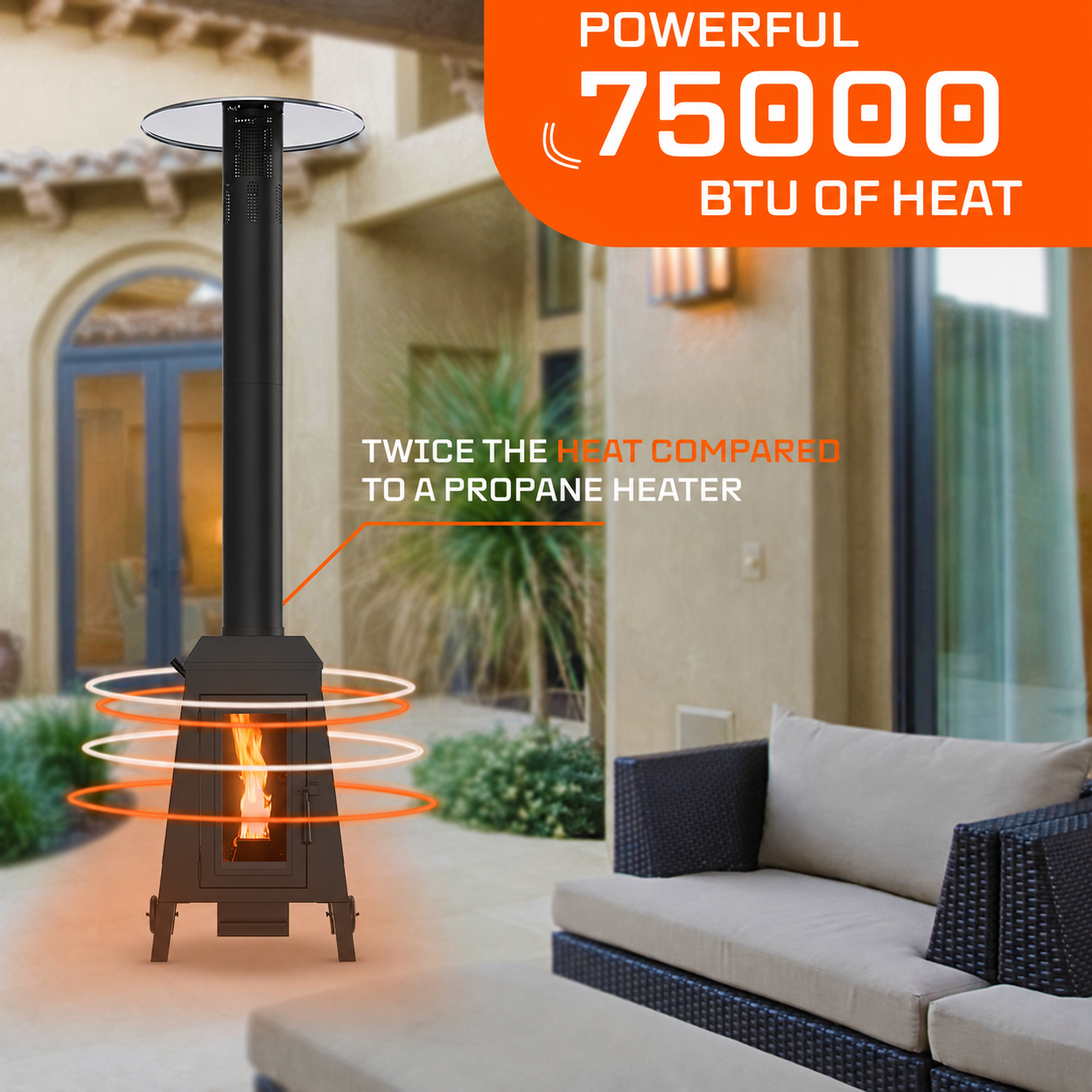 NUUK 75,000 BTU Wood Pellet Patio Heater, Portable Outdoor Heater with Wheels, Stainless Steel Burner for Patio, Backyard, Garden, Restaurant