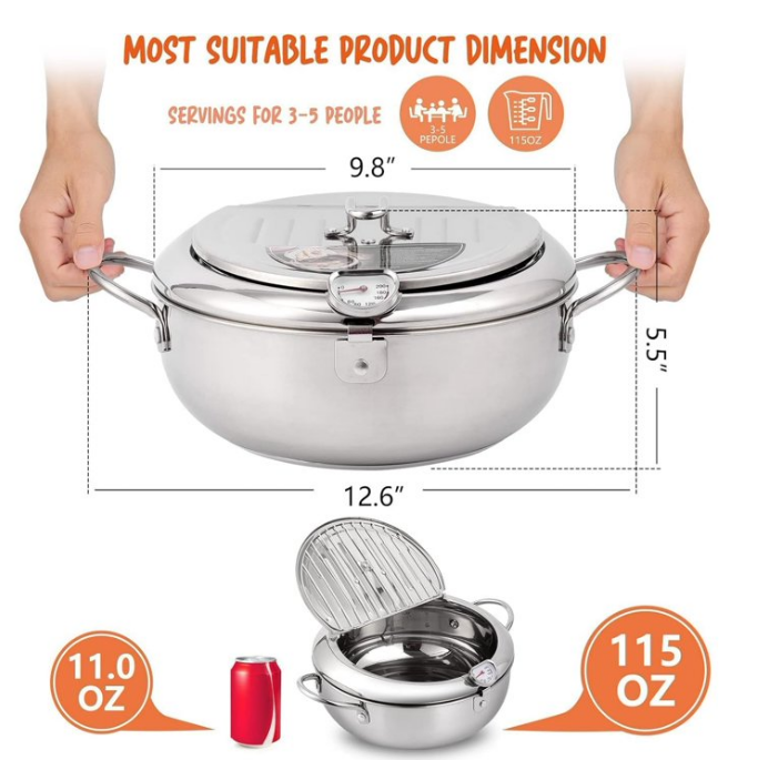 Deep Fryer Pot,11 Inch/4.2 L Fryer, 304 Stainless Steel with Thermometer & Lid, Oil Drip Rack