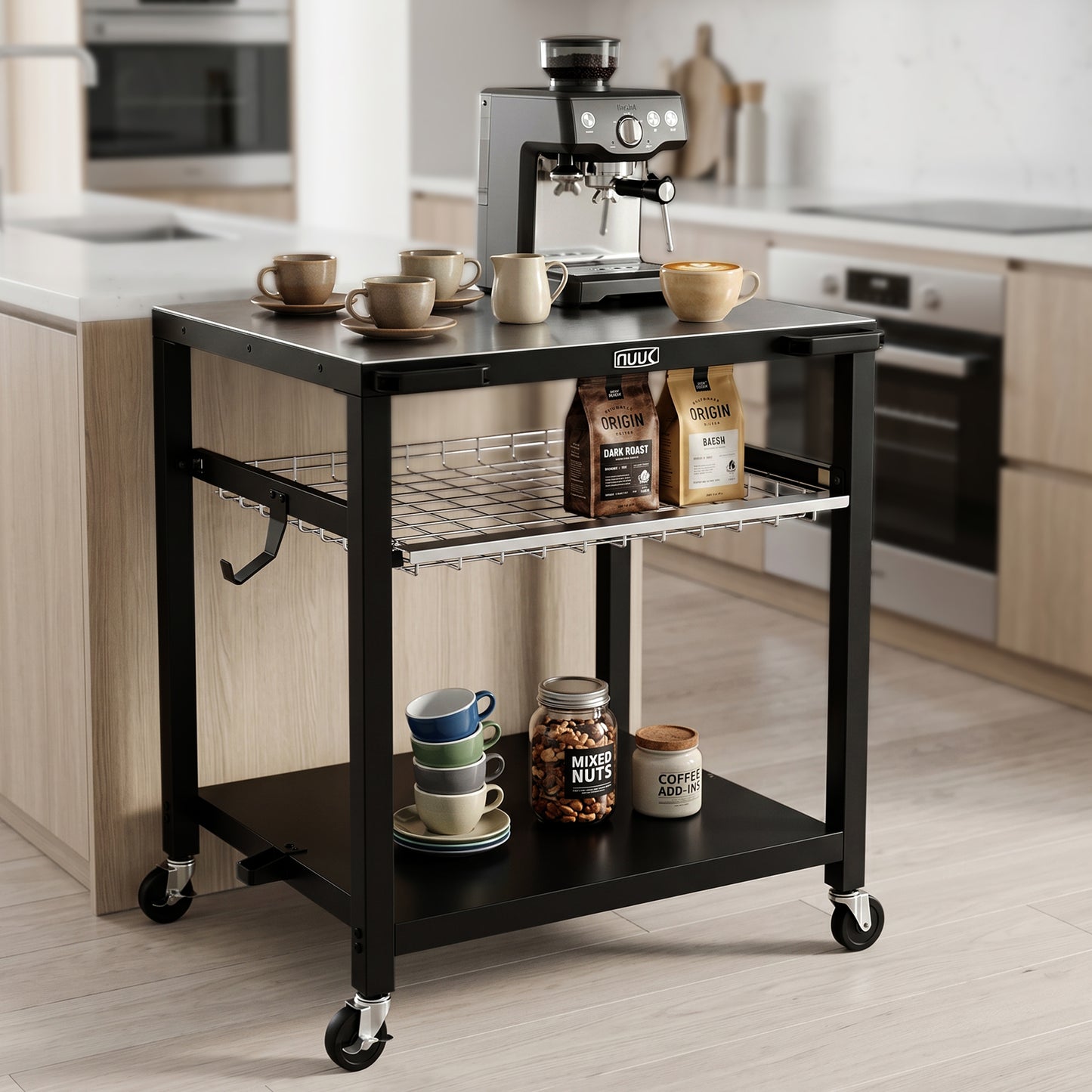 NUUK Heavy Duty Grill Cart 30"x24", Outdoor Pizza Oven Table with Stainless Steel Top, 3-Tier BBQ Prep Table with Sliding Drawer, Outdoor Kitchen Serving Cart for Grilling, Patio