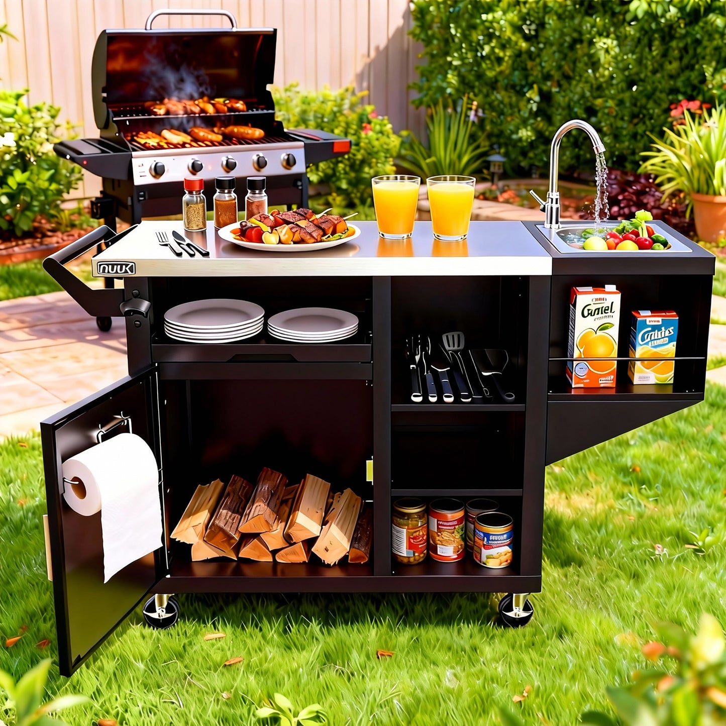 Outdoor Grill Cart with Sink, 20"x42" Patio Kitchen Island
