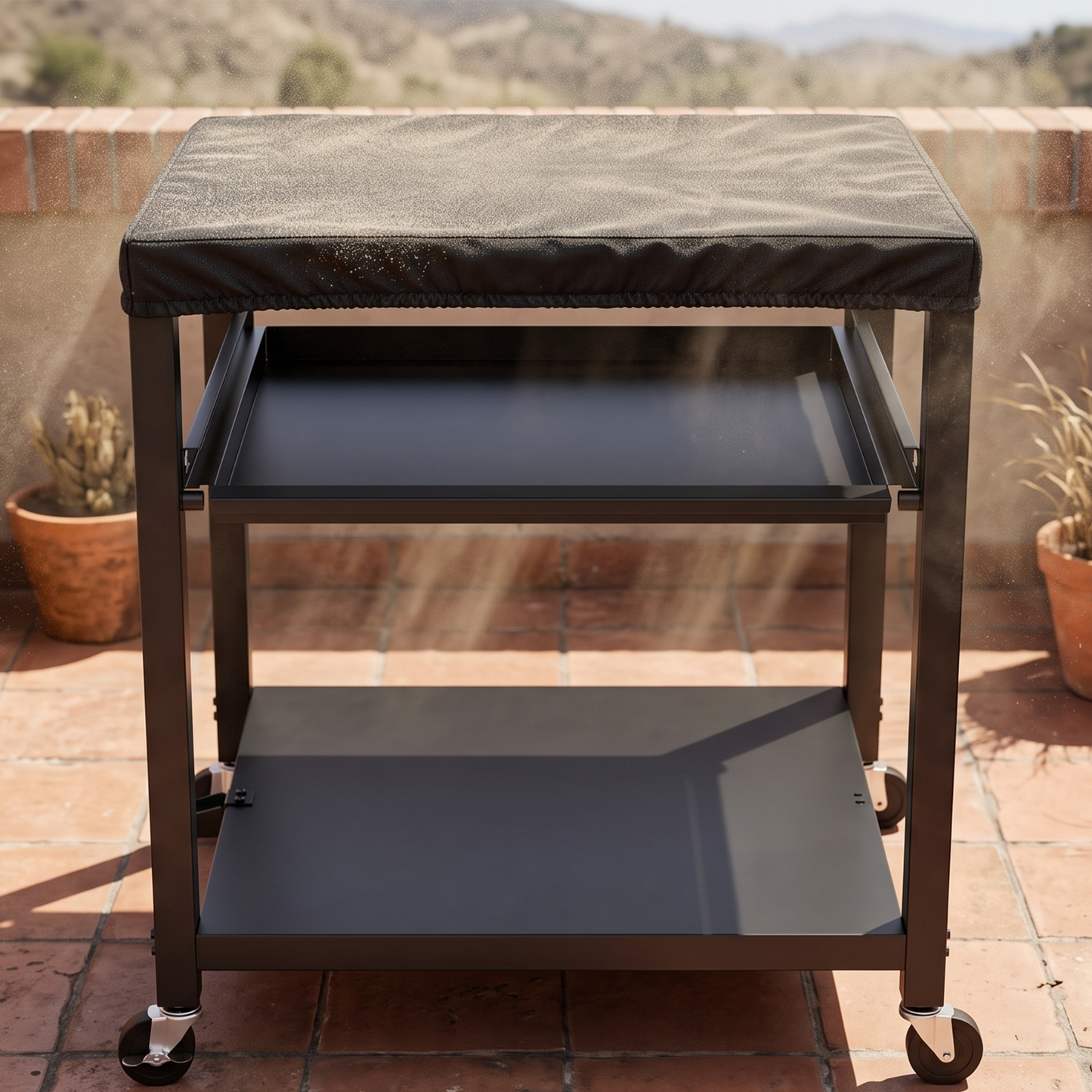 NUUK Outdoor Grill Cart, Stainless Steel Pizza Oven Table with Wheels, 3-Tier Rolling Prep Table, BBQ Cooking Station for Patio, with Cover