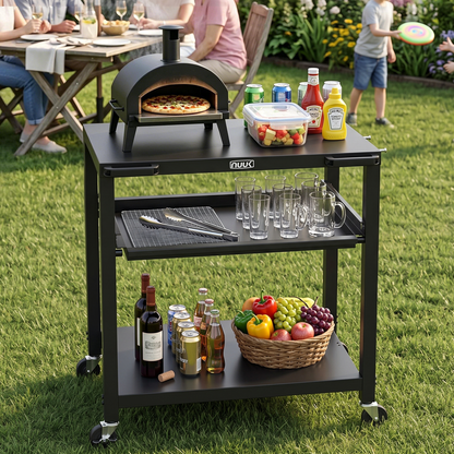 NUUK Outdoor Grill Cart 24x30 Inch, Stainless Steel Pizza Oven Table with Wheels, 3-Tier Rolling Prep Table, BBQ Cooking Station for Patio, Backyard