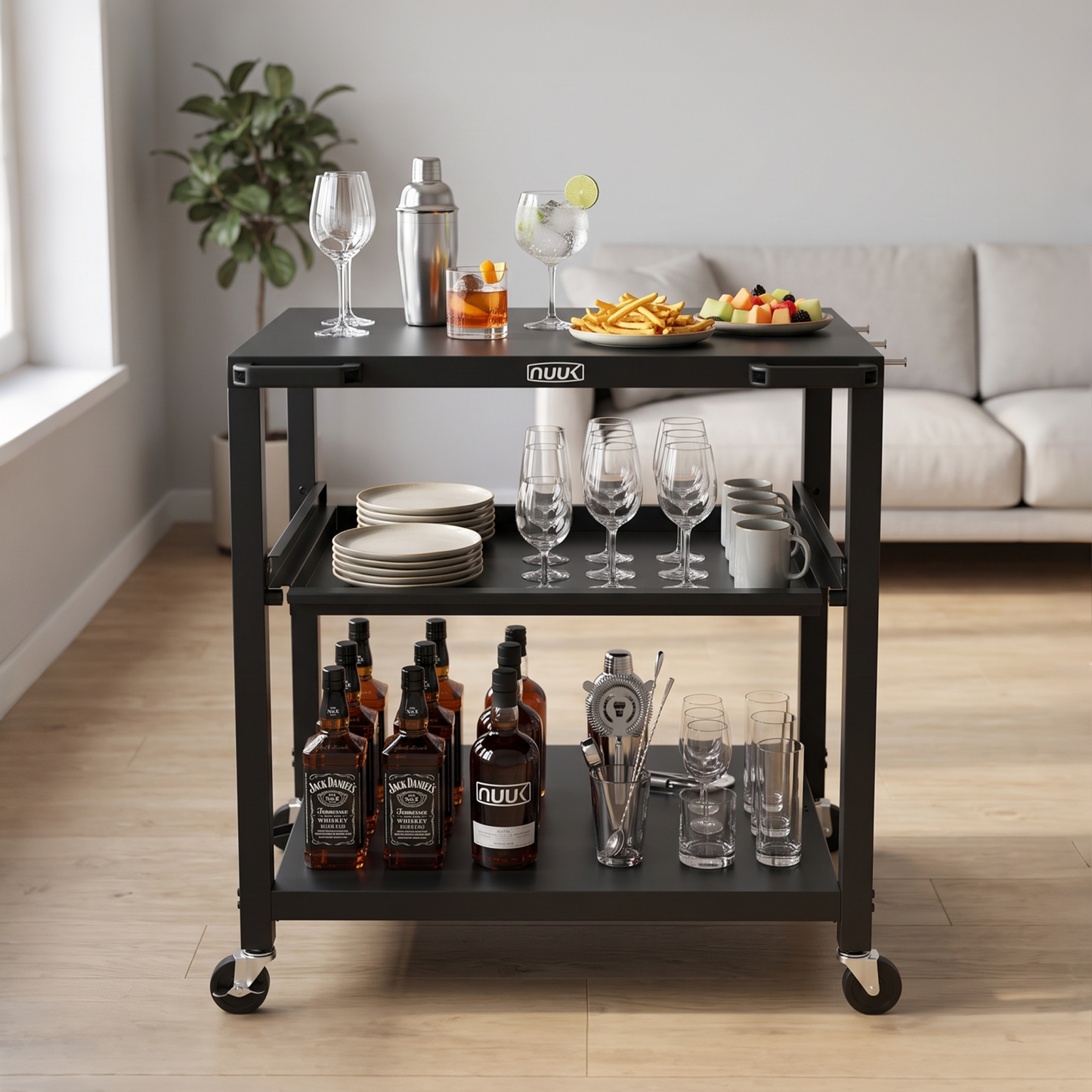 NUUK Outdoor Grill Cart 24x30 Inch, Stainless Steel Pizza Oven Table with Wheels, 3-Tier Rolling Prep Table, BBQ Cooking Station for Patio, Backyard