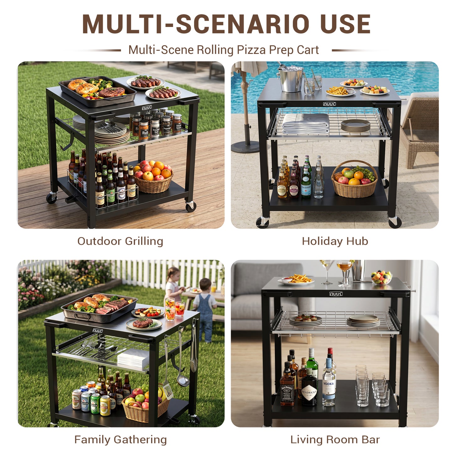 NUUK Heavy Duty Grill Cart 30"x24", Outdoor Pizza Oven Table with Stainless Steel Top, 3-Tier BBQ Prep Table with Sliding Drawer, Outdoor Kitchen Serving Cart for Grilling, Patio