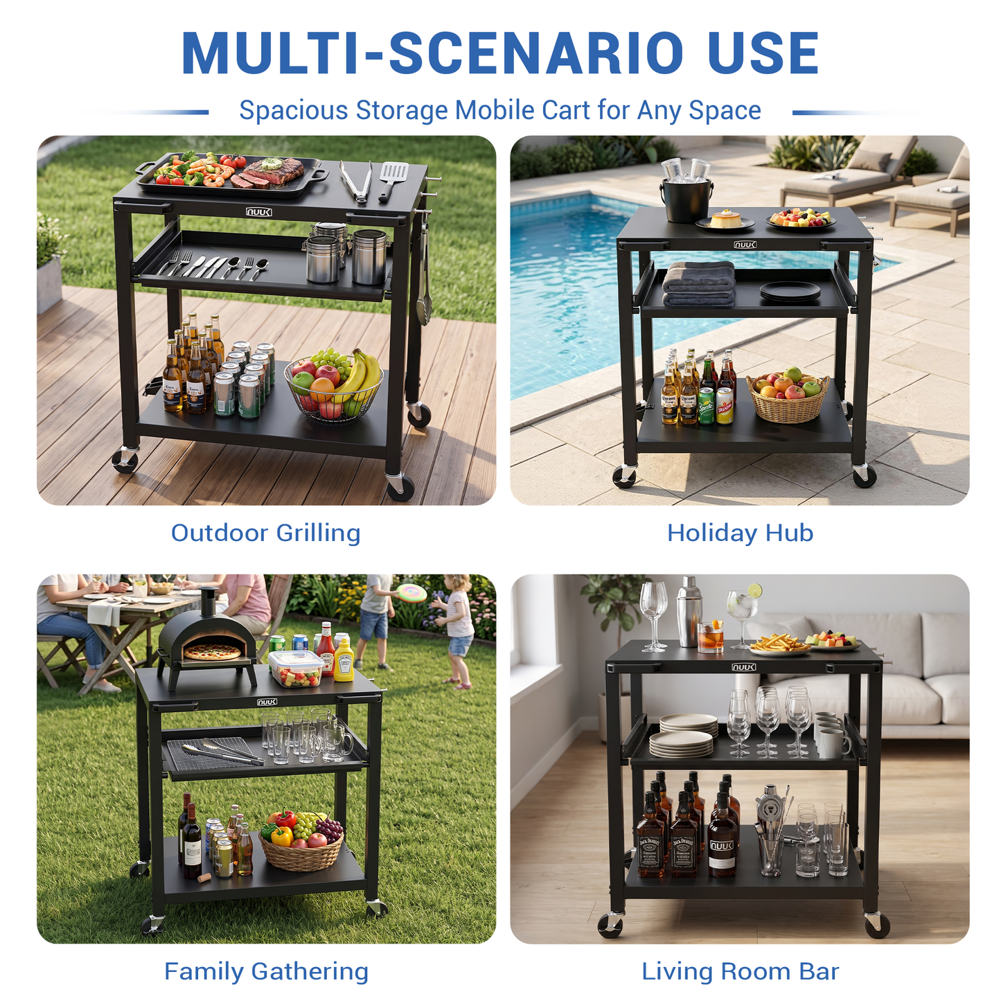 NUUK Outdoor Grill Cart 24x30 Inch, Stainless Steel Pizza Oven Table with Wheels, 3-Tier Rolling Prep Table, BBQ Cooking Station for Patio, Backyard