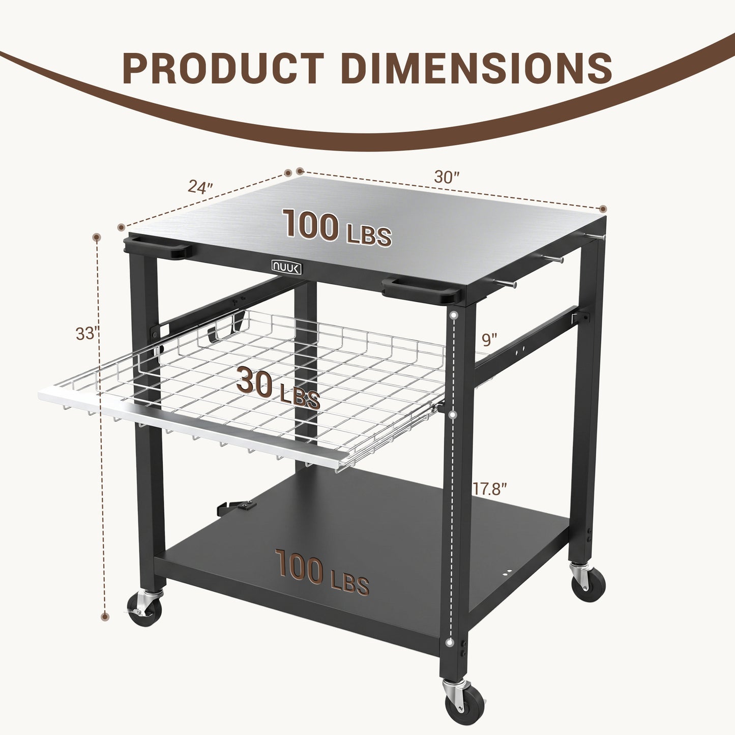 NUUK Heavy Duty Grill Cart 30"x24", Outdoor Pizza Oven Table with Stainless Steel Top, 3-Tier BBQ Prep Table with Sliding Drawer, Outdoor Kitchen Serving Cart for Grilling, Patio