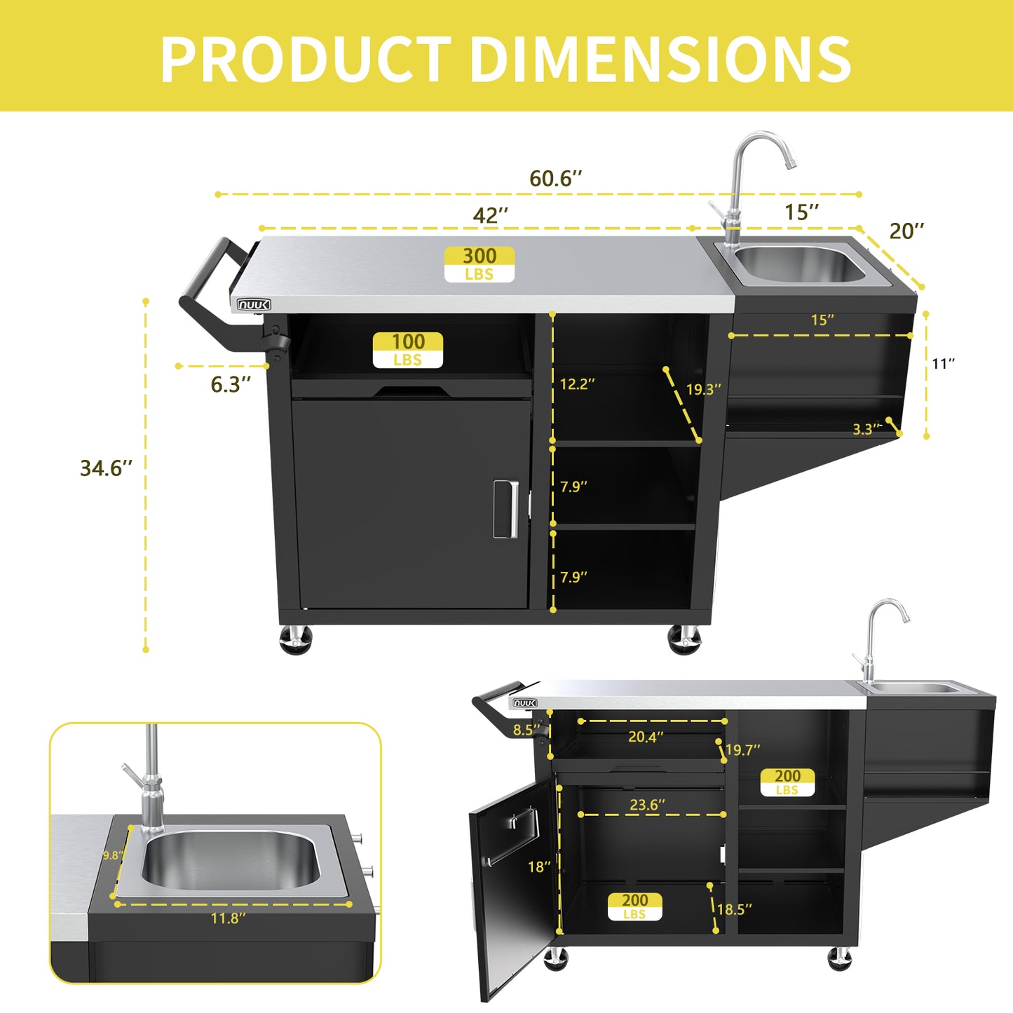 Outdoor Grill Cart with Sink, 20"x42" Patio Kitchen Island