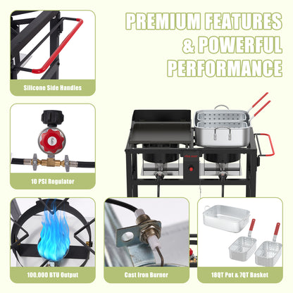 2-in-1 Outdoor Propane Deep Fryer & Griddle Combo, Double Burner Gas Cooking Station with Wheels