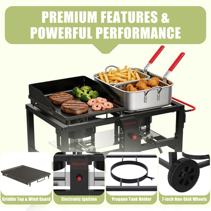 2-in-1 Outdoor Propane Deep Fryer & Griddle Combo, Double Burner Gas Cooking Station with Wheels