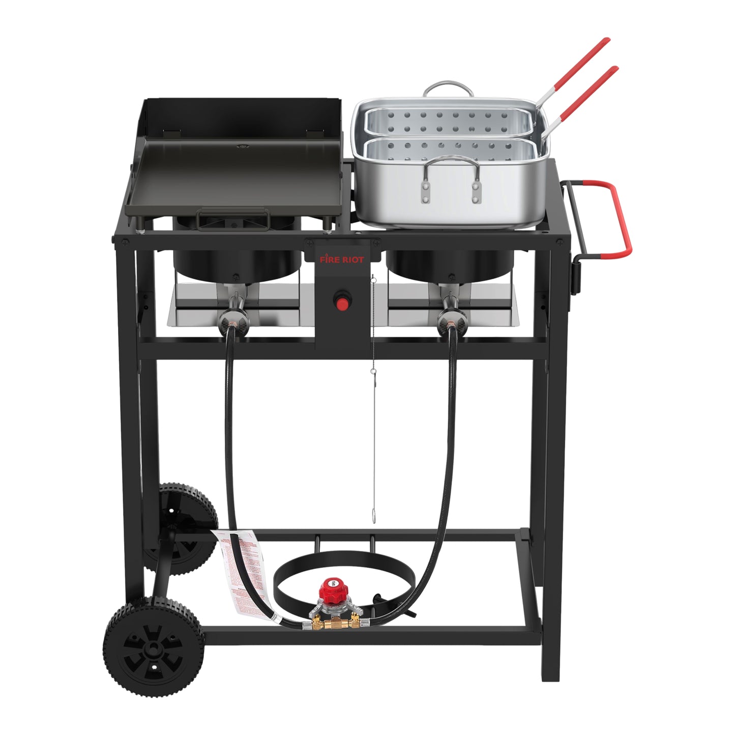 2-in-1 Outdoor Propane Deep Fryer & Griddle Combo, Double Burner Gas Cooking Station with Wheels