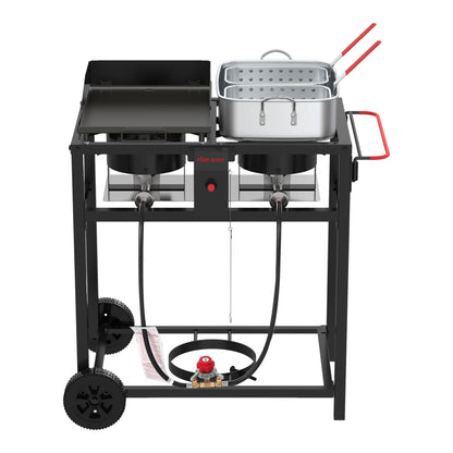 2-in-1 Outdoor Propane Deep Fryer & Griddle Combo, Double Burner Gas Cooking Station with Wheels